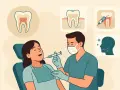 Dentysta podaje znieczulenie, być może propofol, pacjentce. W tle ikony zębów i uśmiechniętej twarzy.