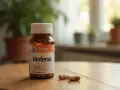 Butelka leku Biofenac 100 mg i dwie kapsułki na drewnianym stole.