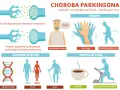 Ilustracja pokazuje objawy choroby Parkinsona: drżenie, spowolniony ruch, zmienioną mowę. Wskazuje też czynniki ryzyka (genetyka, płeć, wiek) i profilaktykę (kawa, ćwiczenia).