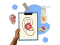 Ilustracja przedstawia różne metody leczenia bólu ucha: tabletki, spray, rysunek ucha z zaznaczonym bólem.
