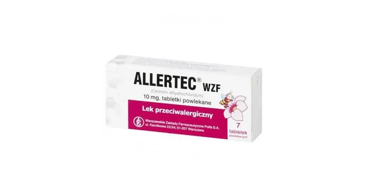 Opakowanie leku Allertec WZF z desloratadyną, 7 tabletek powlekanych, na alergię.