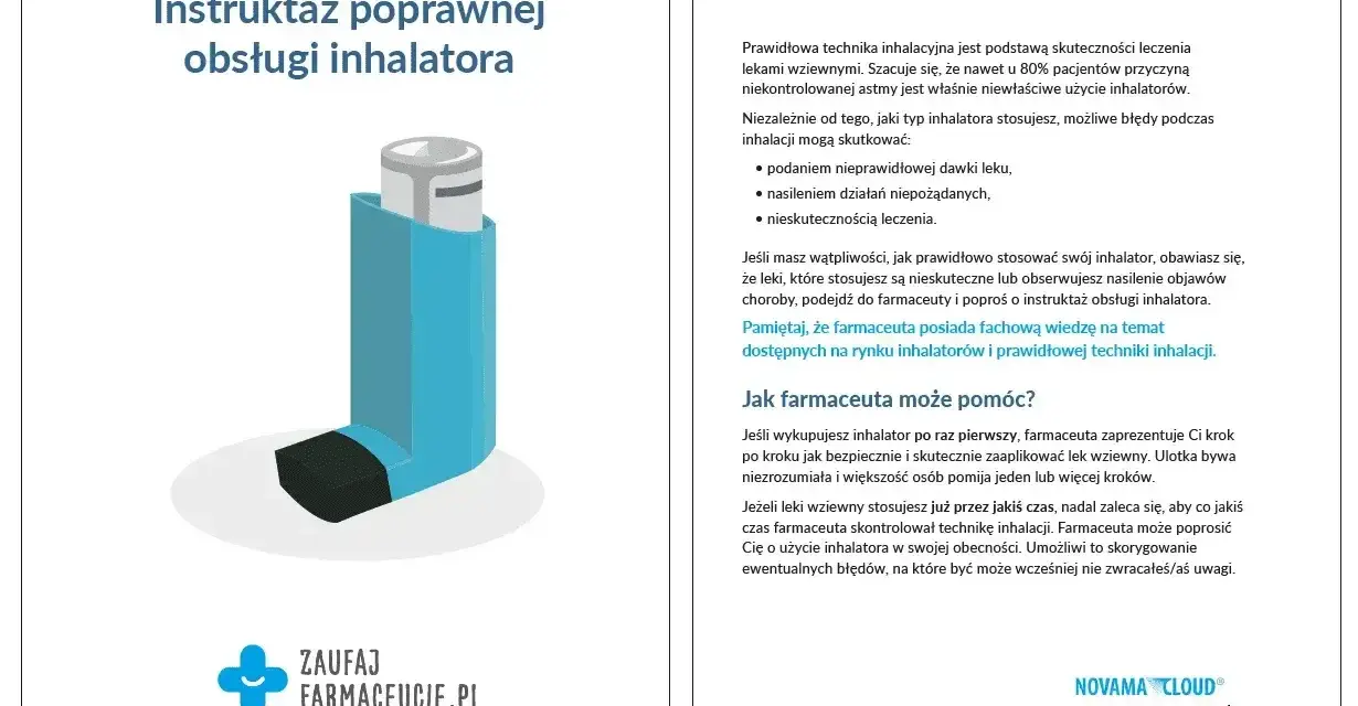 Instrukcja obsługi inhalatora, przypominająca o prawidłowym stosowaniu leków, np. Pulmicort, by uniknąć błędów i zapewnić skuteczność terapii.