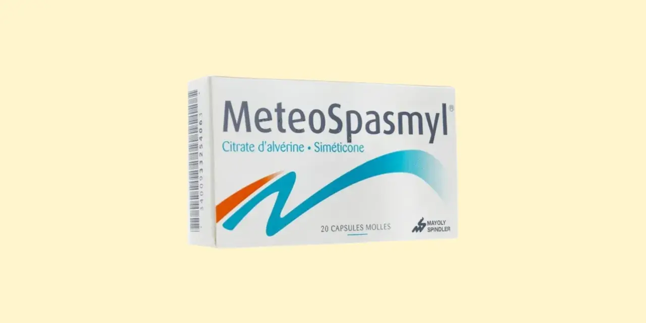 Opakowanie leku MeteoSpasmyl z napisem "Citrate d'alvérine • Siméticone" i grafiką fal.