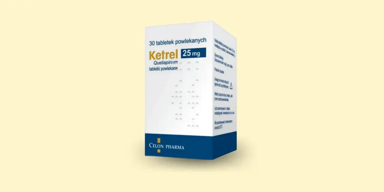 Opakowanie leku Ketrel 25 mg, zawierające 30 tabletek powlekanych. Stosowany w leczeniu schizofrenii i zaburzeń dwubiegunowych.