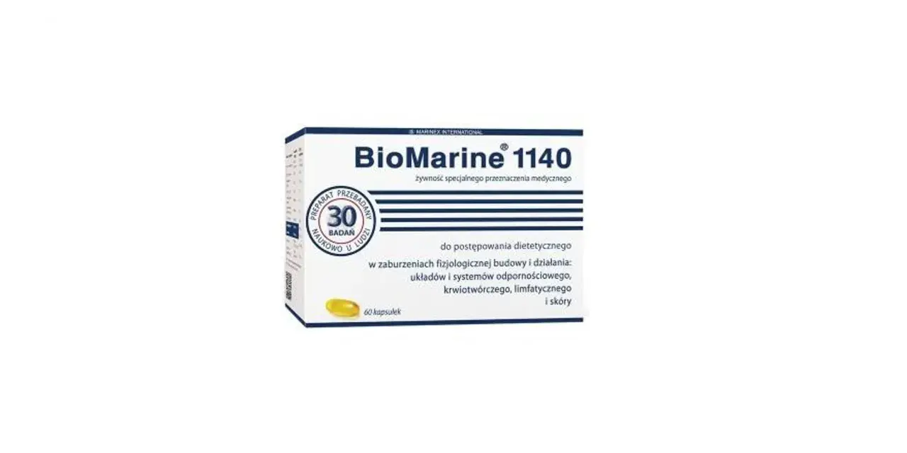 Opakowanie suplementu BioMarine 1140, zawierające 60 kapsułek. Produkt przeznaczony do postępowania dietetycznego w zaburzeniach fizjologicznych.
