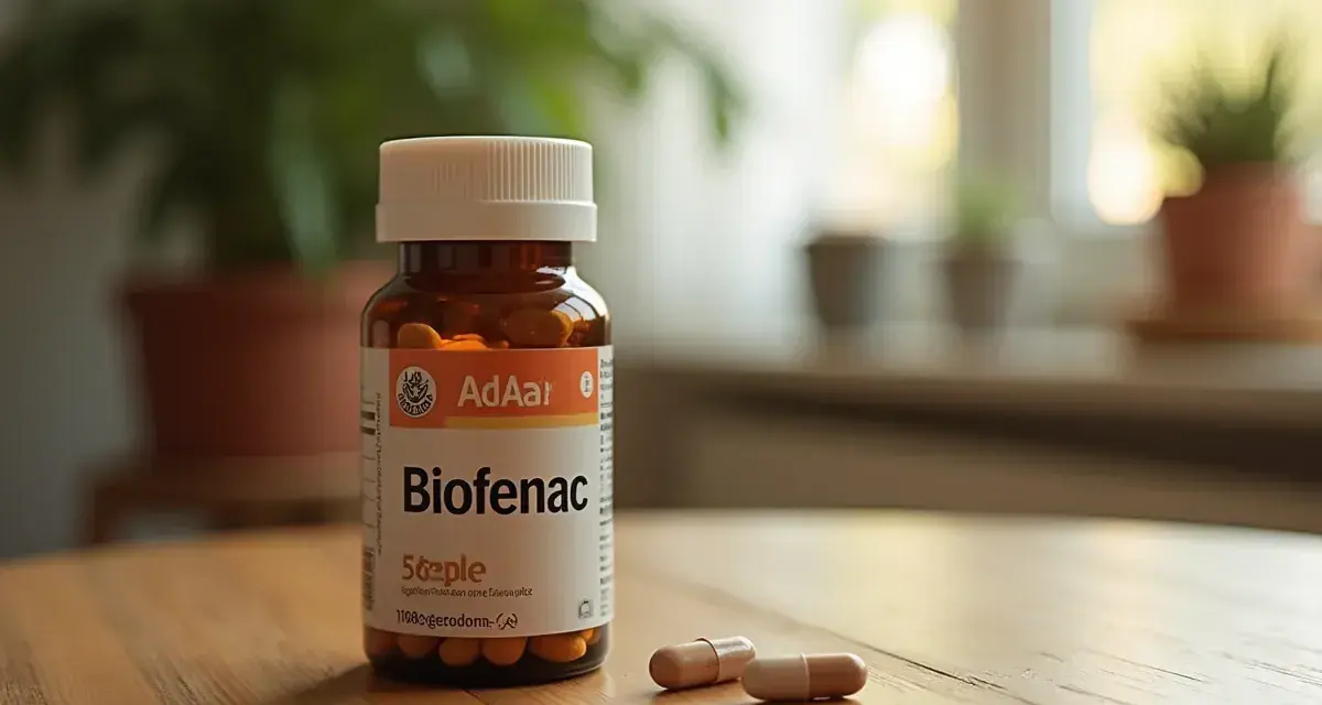 Butelka leku Biofenac 100 mg i dwie kapsułki na drewnianym stole.