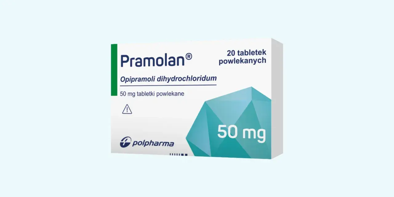 Opakowanie leku Pramolan 50 mg. Warto zapoznać się z ulotką dotyczącą pramolan dawkowanie.