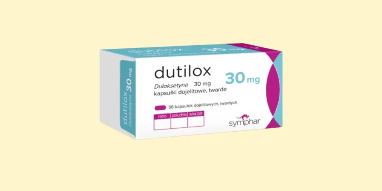 Opakowanie leku Dutilox z duloksetyną 30 mg, 56 kapsułek dojelitowych.