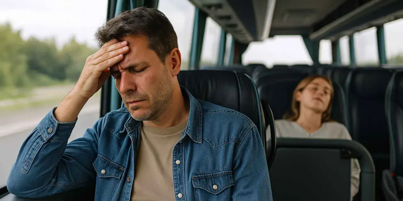Mężczyzna z ręką na czole w autobusie, cierpiący na chorobę lokomocyjną. Obok śpi młoda kobieta.