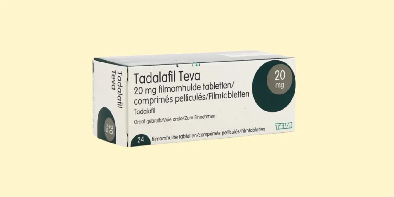 Opakowanie Tadalafil Teva 20 mg, zawierające 24 tabletki. Lek ten, znany również jako Cialis, jest stosowany w leczeniu zaburzeń erekcji.