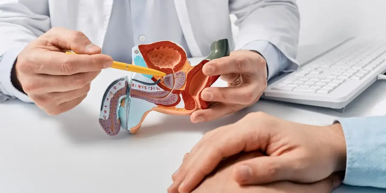 Lekarz omawia z pacjentem model układu moczowo-płciowego, wskazując na obszar prostaty, co może dotyczyć problemów z zapaleniem prostaty.