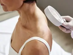 Dermatolog ogląda skórę szyi i ramion pacjentki przez lupę.