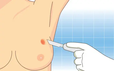 Wykonanie biopsji gruboigłowej zmiany na piersi. Dłoń w rękawiczce trzyma skalpel.