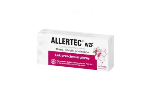 Opakowanie leku Allertec WZF z desloratadyną, 7 tabletek powlekanych, na alergię.