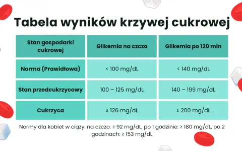 Tabela wyników krzywej cukrowej w ciąży. Pokazuje normy glikemii na czczo i po 120 min dla stanu prawidłowego, przedcukrzycowego i cukrzycy.