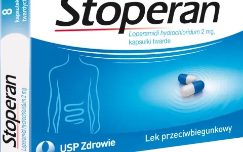 Opakowanie leku Stoperan, zawierające 8 kapsułek twardych. Na niebieskim tle widnieje schemat układu pokarmowego i dwie kapsułki.