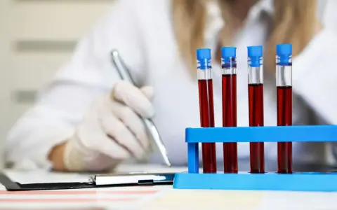 Laborantka w rękawiczkach zapisuje wyniki badań krwi z probówek.