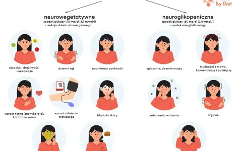 Ilustracja przedstawia objawy hipoglikemii: niepokój, drżenie rąk, poty, kołatanie serca, bladość, nudności, głód, splątanie, problemy z mową, widzeniem, drgawki, utratę przytomności.