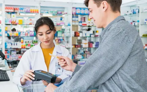 Klient płaci kartą w aptece, gdzie farmaceutka obsługuje terminal. W tle widać półki z lekami, a na nich produkt z napisem ursopol.