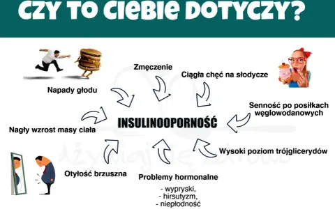 Objawy insulinooporności: zmęczenie, napady głodu, nagły wzrost masy ciała, otyłość brzuszna, problemy hormonalne, senność po posiłkach węglowodanowych, wysoki poziom trójglicerydów.