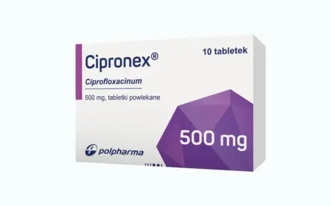 Opakowanie leku Cipronex 500 mg, zawierające 10 tabletek powlekanych.