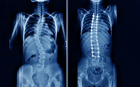 Rentgen klatki piersiowej pokazuje skoliozę kręgosłupa przed i po operacji korekcyjnej z implantami.
