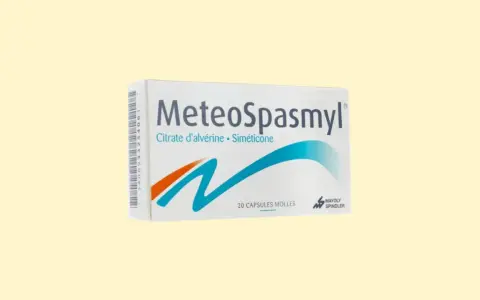 Opakowanie leku MeteoSpasmyl z napisem "Citrate d'alvérine • Siméticone" i grafiką fal.