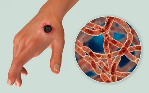 Dłoń z czarną martwiczą zmianą skórną, objawem wąglika. Obok powiększenie bakterii Bacillus anthracis.