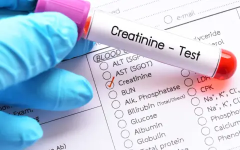 Ręka w niebieskiej rękawiczce trzyma probówkę z krwią do testu na kreatyninę. Zaznaczono opcję "Creatinine", sugerując podwyższoną kreatyninę.