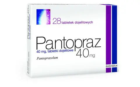 Opakowanie leku Pantoprazol 40 mg, zawierające 28 tabletek dojelitowych.