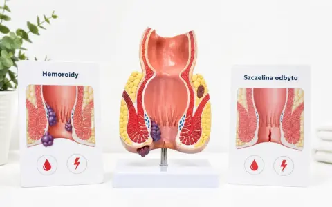 Model anatomiczny odbytu z widoczną szczeliną odbytu i hemoroidami. Obrazek po prawej pokazuje szczelinę odbytu, a po lewej hemoroidy.