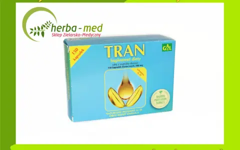 Pudełko suplementu diety Tran z olejem z wątroby dorsza, witaminami A, D i kwasami omega-3.