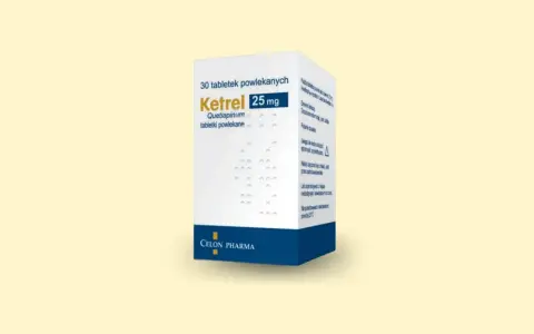 Opakowanie leku Ketrel 25 mg, zawierające 30 tabletek powlekanych. Stosowany w leczeniu schizofrenii i zaburzeń dwubiegunowych.
