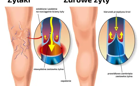 Ilustracja porównująca nogę z żylakami i zdrową nogę, z powiększeniami naczyń krwionośnych.