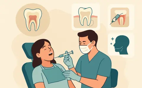 Dentysta podaje znieczulenie, być może propofol, pacjentce. W tle ikony zębów i uśmiechniętej twarzy.