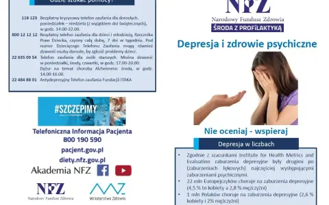 Obraz przedstawia plakat informacyjny o zdrowiu psychicznym. Widać na nim hasła "Depresja i zdrowie psychiczne", "Nie oceniaj - wspieraj" oraz dane kontaktowe do telefonów zaufania, w tym antydepresyjnego. W tle znajduje się zdjęcie osoby ukrywającej t...