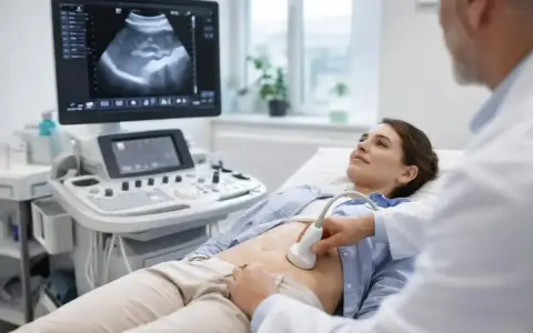 Lekarz wykonuje usg jamy brzusznej pacjentce. Na ekranie widoczny obraz narządów.