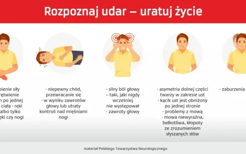 Ilustracje przedstawiają objawy udaru mózgu: osłabienie kończyn, zaburzenia chodu, silny ból głowy, asymetrię twarzy, problemy z mową i widzeniem.