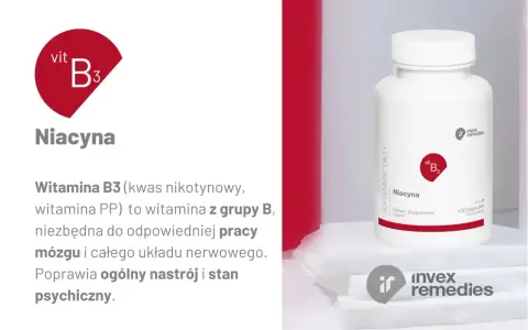 Niacyna, czyli witamina B3, w kapsułkach. Wspiera pracę mózgu i układu nerwowego, poprawiając nastrój.