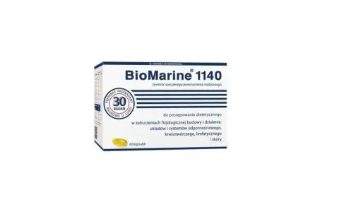 Opakowanie suplementu BioMarine 1140, zawierające 60 kapsułek. Produkt przeznaczony do postępowania dietetycznego w zaburzeniach fizjologicznych.