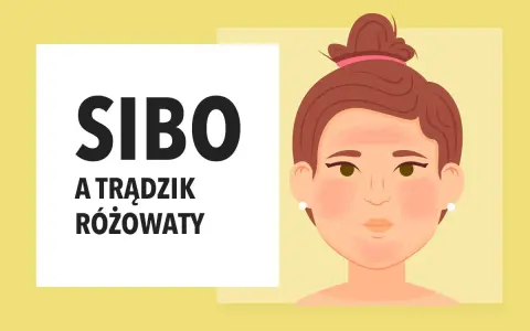 SIBO może objawiać się jako trądzik różowaty. Ilustracja przedstawia twarz z zaczerwienieniami na policzkach i nosie, sugerując problemy skórne.
