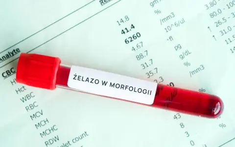 Probówka z krwią na tle wyników badań laboratoryjnych z napisem "Żelazo w morfologii".