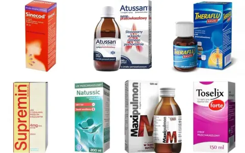 Kolekcja syropów wykrztuśnych: Sinecod, Atussan, Theraflu, Supremin, Natussic, Maxipulmon i Toselix.