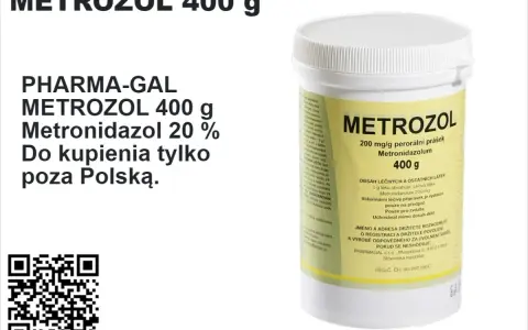 Opakowanie leku METROZOL 400 g z metronidazolem 20%. Informacja o cenie i dostępności poza Polską.