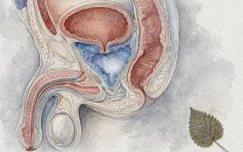 Anatomical illustration of the male reproductive and urinary systems, showing the bladder, urethra, penis, and testes. A dried leaf rests nearby, perhaps a reminder of nature's cycles.