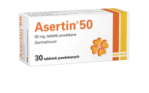 Opakowanie leku Asertin 50, zawierającego 30 tabletek powlekanych z sertraliną, stosowanego w leczeniu depresji i innych zaburzeń.