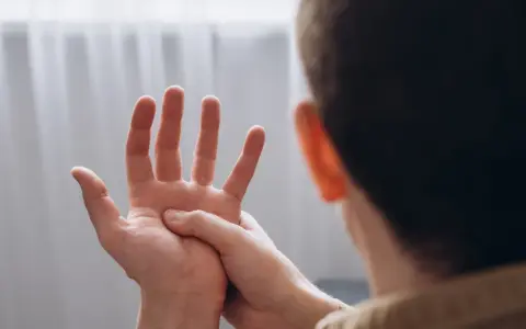 Mężczyzna masuje dłoń, odczuwając drętwienie rąk.