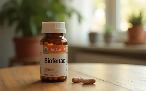 Butelka leku Biofenac 100 mg i dwie kapsułki na drewnianym stole.
