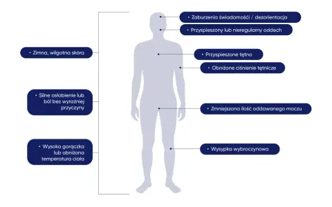 Objawy posocznicy: zimna skóra, zaburzenia świadomości, przyspieszony oddech, osłabienie, wysoka gorączka, wysypka.