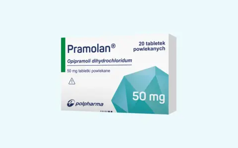 Opakowanie leku Pramolan 50 mg. Warto zapoznać się z ulotką dotyczącą pramolan dawkowanie.